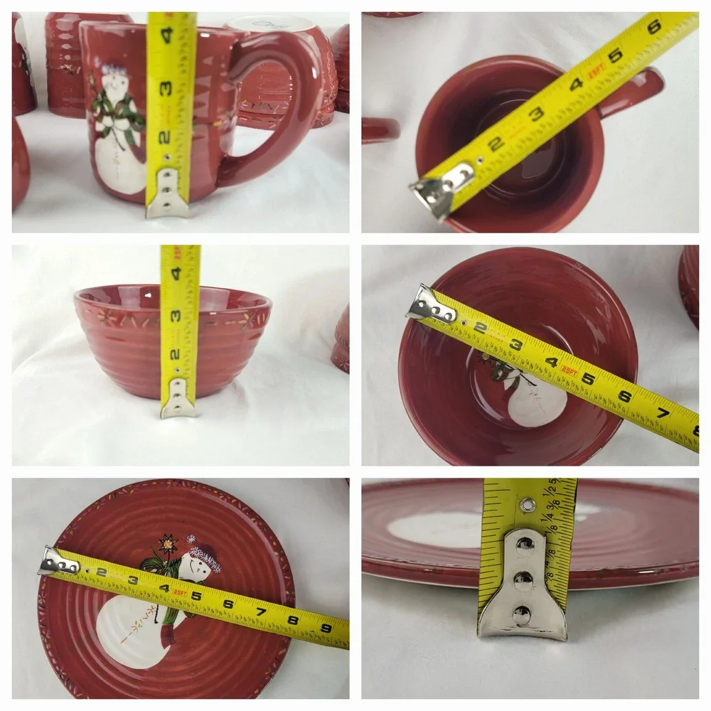Tracy Porter Jingle Bell Snowman Red Ceramic Mug Bowl Plate 3 Piece Set